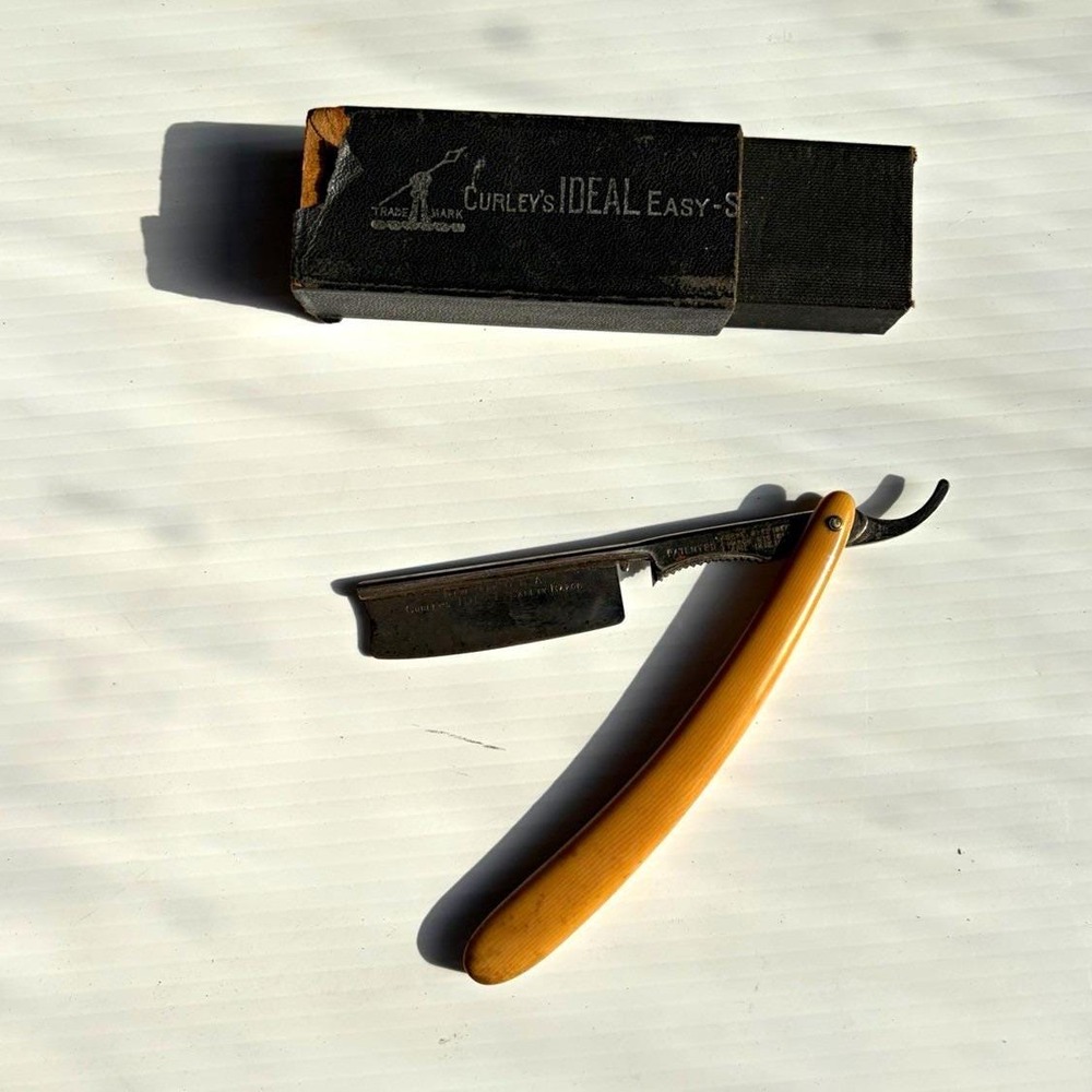 Vintage Curley's Ideal Easy-Shaving Straight Razor NY Yellow Handle With Box